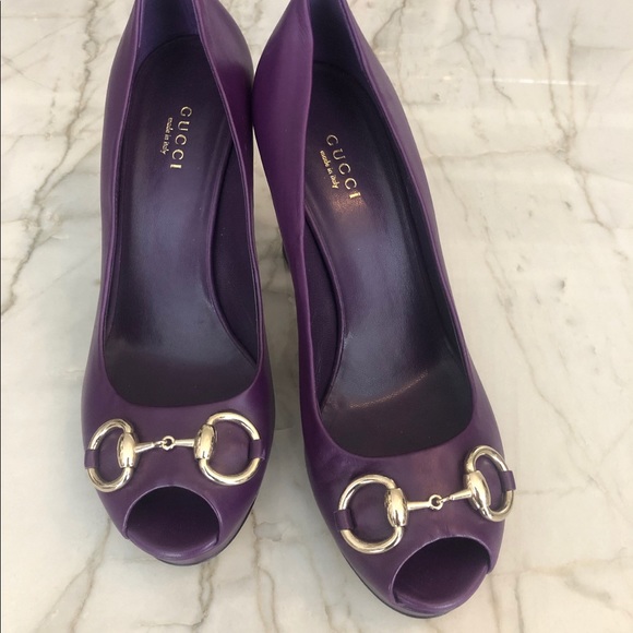 Purple Gucci Horsebit Leather Peep Toe Pumps - Picture 2 of 7